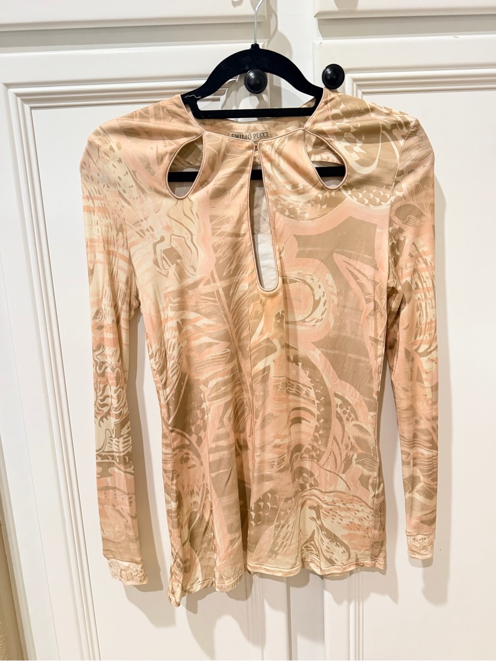 Emilio Pucci Long Sleeve Keyhole Tee in Blush and Beige